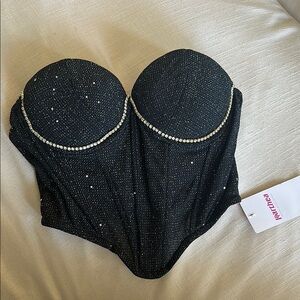 SHEIN Black Strapless Corset Top with Rhinestone Detail